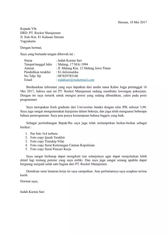 surat lamaran kerja lulusan s1