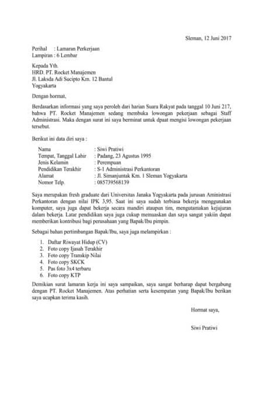 contoh surat lamaran kerja untuk fresh graduate