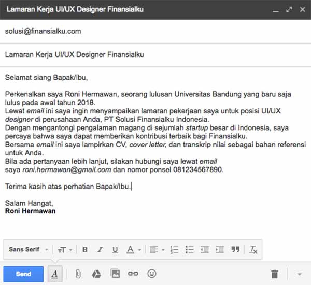 contoh cover letter untuk lamaran kerja