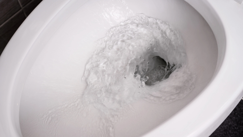 Flushing the toilet as a last resort to overcome a clogged toilet with caustic soda