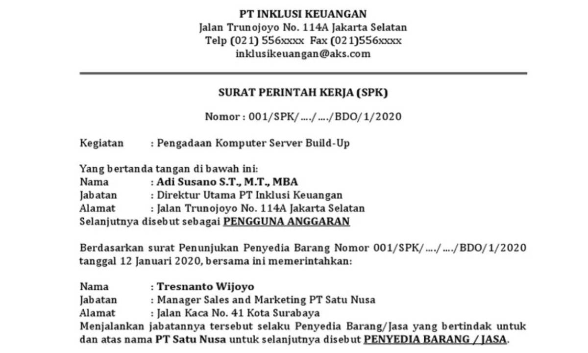 7 Contoh Surat Perintah Kerja (SPK) Barang dan Jasa Terlengkap